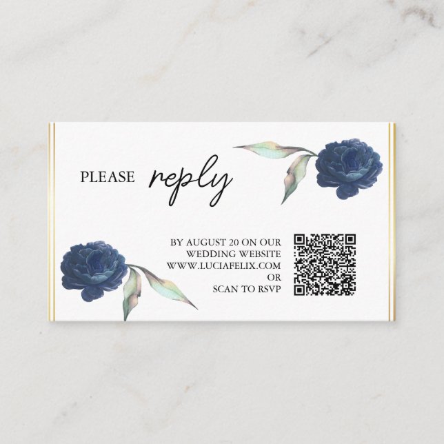 Elegant Navy Blue Floral Rose Wedding RSVP Enclosure Card (Front)