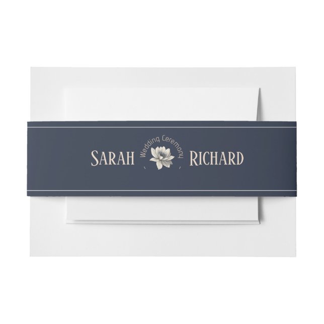 Elegant Navy Blue Floral Rustic Wildflower Wedding Invitation Belly Band (Front Example)