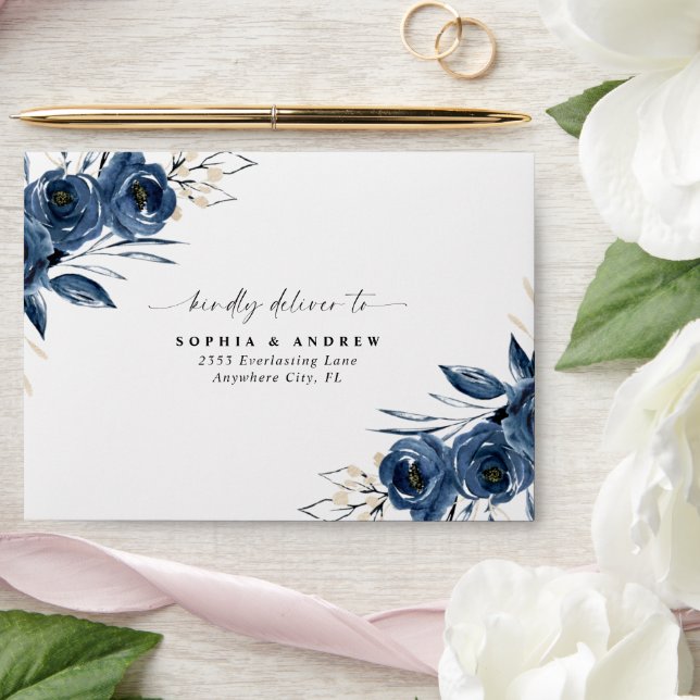 Elegant Navy Blue Floral & Script Monogram Wedding Envelope (Wedding)