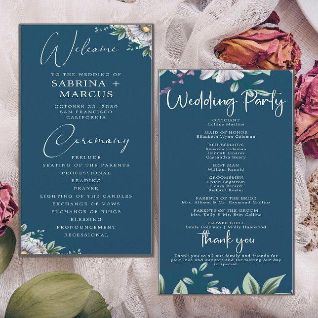 Elegant Navy Blue Floral Script Wedding Ceremony  Programme (Creator Uploaded)