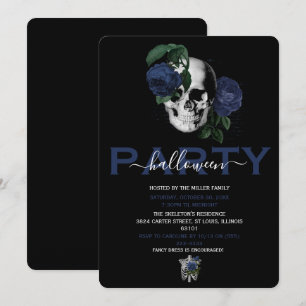 Elegant Navy Blue Floral Skull Halloween Party Invitation