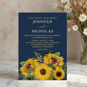 Elegant Navy Blue Floral Sunflowers Wedding Gold