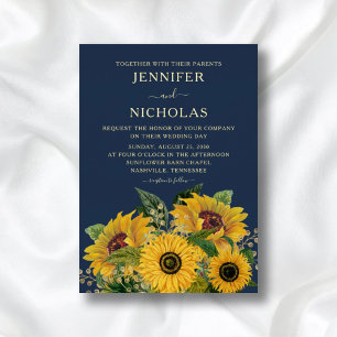 Elegant Navy Blue Floral Sunflowers Wedding Gold 