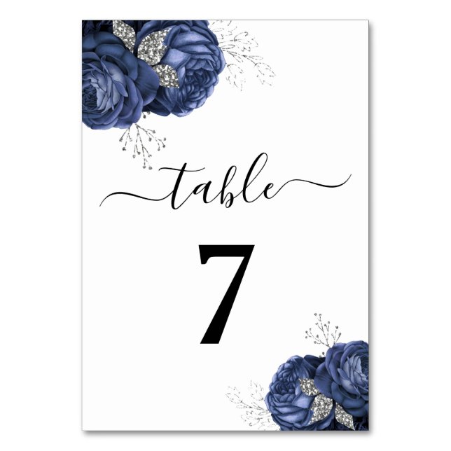 Elegant Navy Blue Floral Table Number (Front)