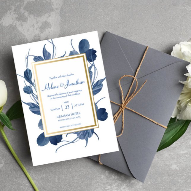 Elegant Navy Blue Floral Watercolor Rustic Wedding Invitation (Creator Uploaded)