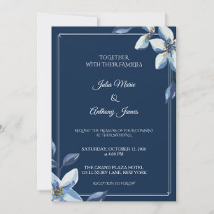 Elegant Navy Blue Floral Watercolor Wedding Invitation