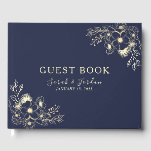 Elegant Navy Blue Floral Wedding Guest Book