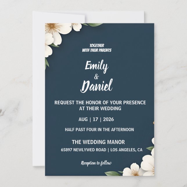Elegant Navy Blue Floral Wedding Invitation (Front)