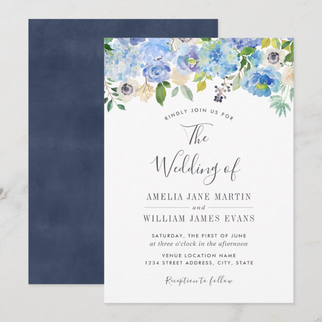 Elegant Navy Blue Floral Wedding Invitation (Front/Back)