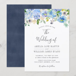 Elegant Navy Blue Floral Wedding Invitation