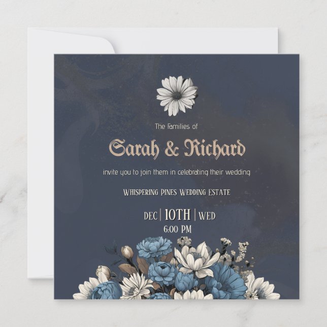 Elegant Navy Blue Floral Wedding Invitation (Front)