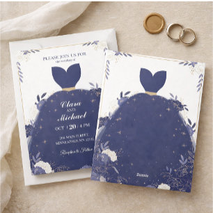 Elegant Navy Blue Floral Wedding Invitation