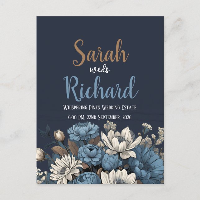 Elegant Navy Blue Floral Wedding Invitation Postcard (Front)