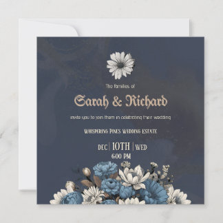 Elegant Navy Blue Floral Wedding Invite