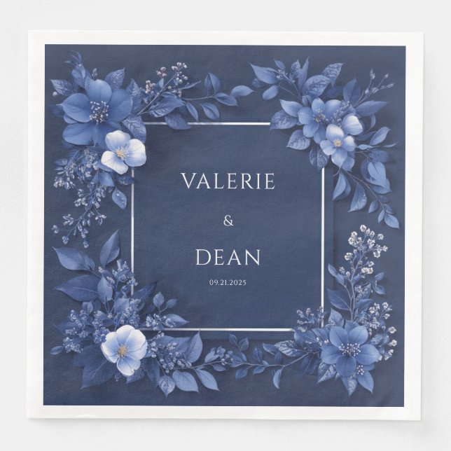 Elegant Navy Blue Floral Wedding Napkins (Front)