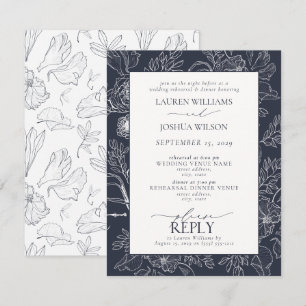 Elegant Navy Blue Floral Wedding Rehearsal Dinner Invitation