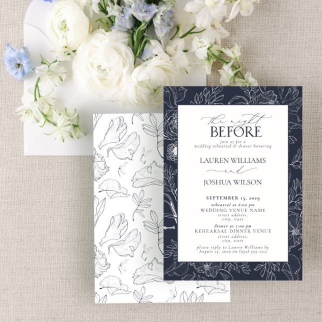 Elegant Navy Blue Floral Wedding Rehearsal Dinner Invitation (Creator Uploaded)