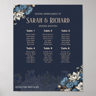 Elegant Navy Blue Floral Wedding Seating Chart