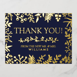 Elegant Navy Blue Floral Wedding Thank You Real Foil Invitation Postcard