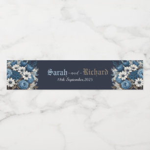 Elegant Navy Blue Floral Wedding Water Bottle Label