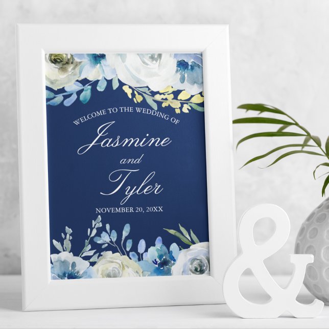 Elegant Navy Blue Floral Welcome to Our Wedding Poster (Creator Uploaded)