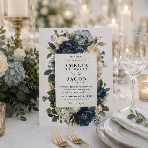 Elegant Navy Blue Floral & White Peonies Wedding Invitation