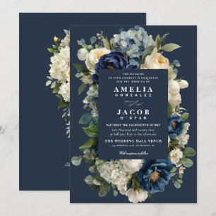 Elegant Navy Blue Floral & White Peonies Wedding Invitation