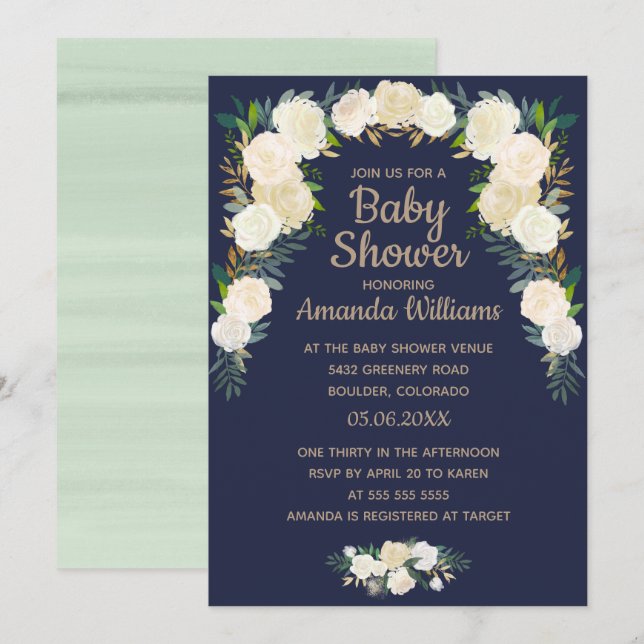 Elegant Navy Blue Floral Wreath Baby Shower Invitation (Front/Back)
