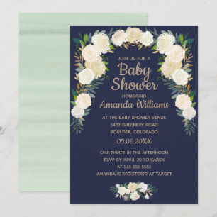 Elegant Navy Blue Floral Wreath Baby Shower Invitation