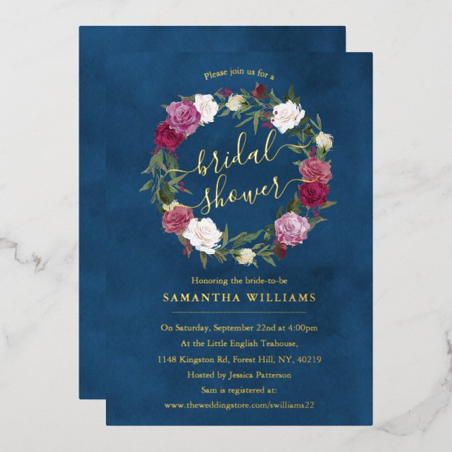 Elegant Navy Blue Floral Wreath Bridal Shower Real (Front/Back)