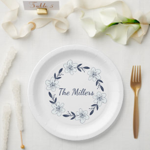Elegant Navy Blue Floral Wreath Paper Plate