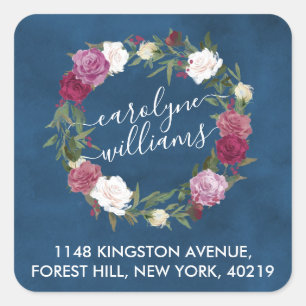 Elegant Navy Blue Floral Wreath Return Address Square Sticker