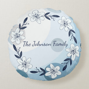 Elegant Navy Blue Floral Wreath Round Cushion