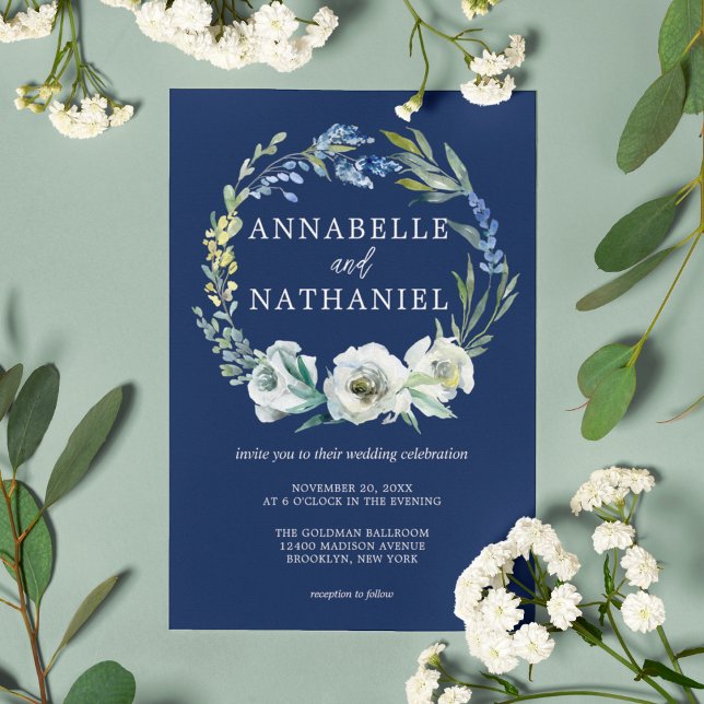 Elegant Navy Blue Floral Wreath Winter Wedding Invitation (Creator Uploaded)
