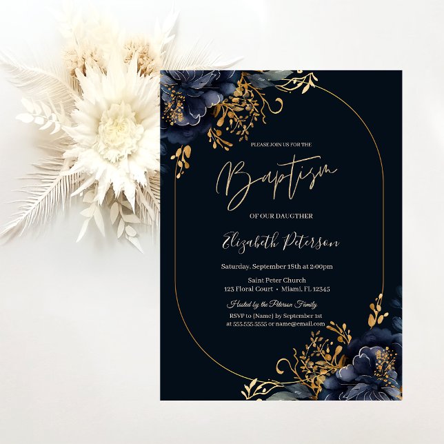 Elegant Navy Blue Flowers Baptism  Invitation (Creator Uploaded)