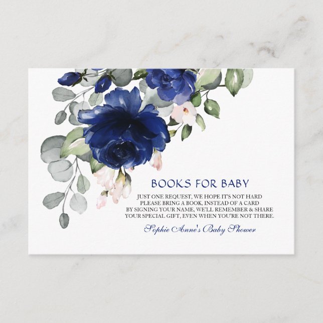 Elegant Navy Blue Flowers Boy Books For Baby Enclosure Card (Front)