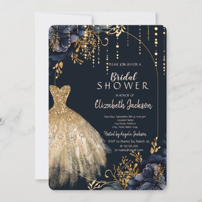 Elegant Navy Blue Flowers Bridal Shower Invitation (Front)