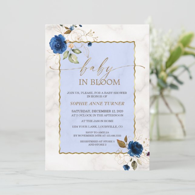 Elegant Navy Blue Flowers Gold Boy Baby in Bloom   Invitation (Standing Front)