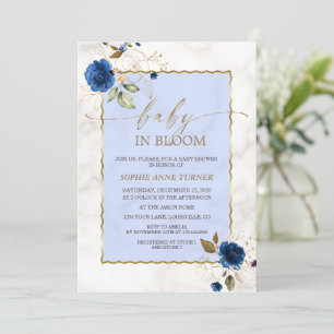 Elegant Navy Blue Flowers Gold Boy Baby in Bloom Invitation
