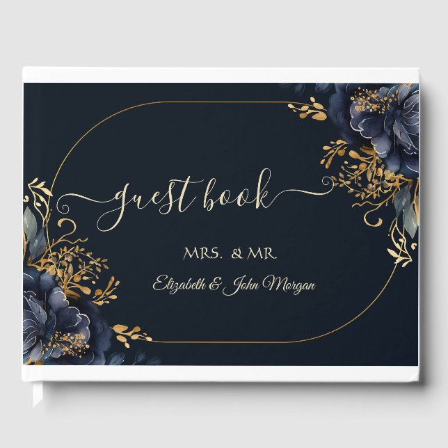 Elegant Navy Blue Flowers Guest Book (Front)