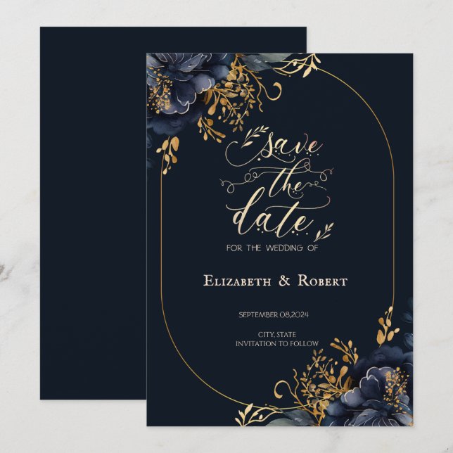 Elegant Navy Blue Flowers Save The Date (Front/Back)