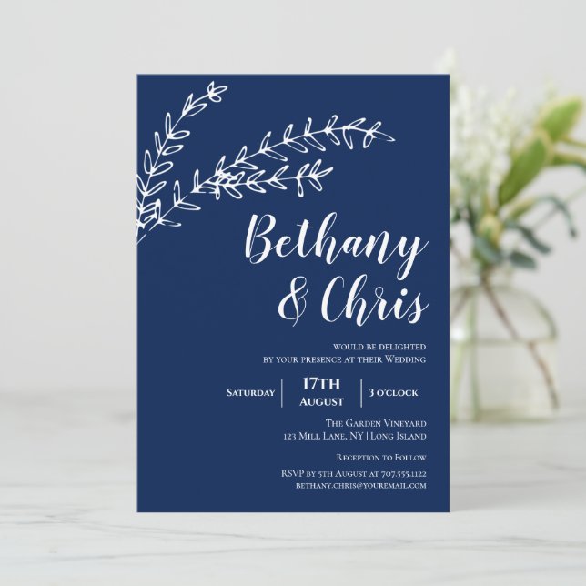 Elegant Navy Blue Foliage Minimalist Wedding Invitation (Standing Front)