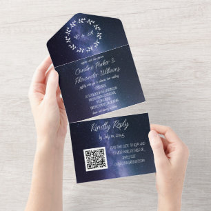 Elegant Navy Blue Galaxy Modern RSVP QR Code All In One Invitation