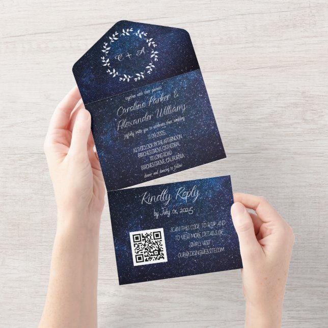 Elegant Navy Blue Galaxy Modern RSVP QR Code All In One Invitation (Tearaway)