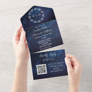 Elegant Navy Blue Galaxy Modern RSVP QR Code All In One Invitation