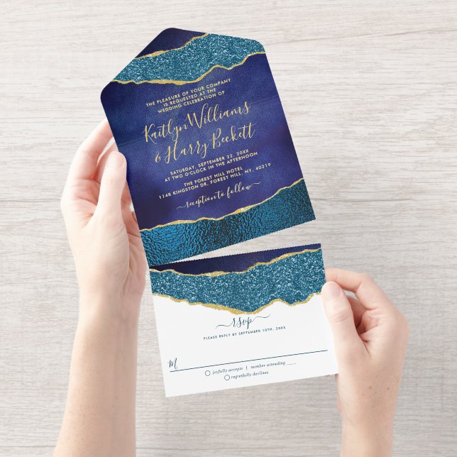 Elegant Navy Blue Geode Agate Wedding Real Foil All In One Invitation (Tearaway)
