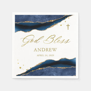 Elegant Navy Blue Geode with Gold Cross Baptism Napkin