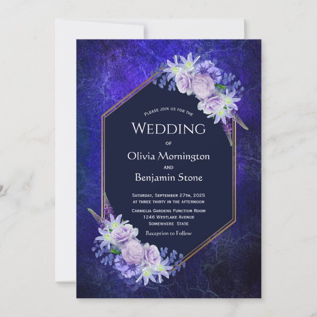 Elegant Navy Blue Geometric Floral Wedding Invitation (Front)
