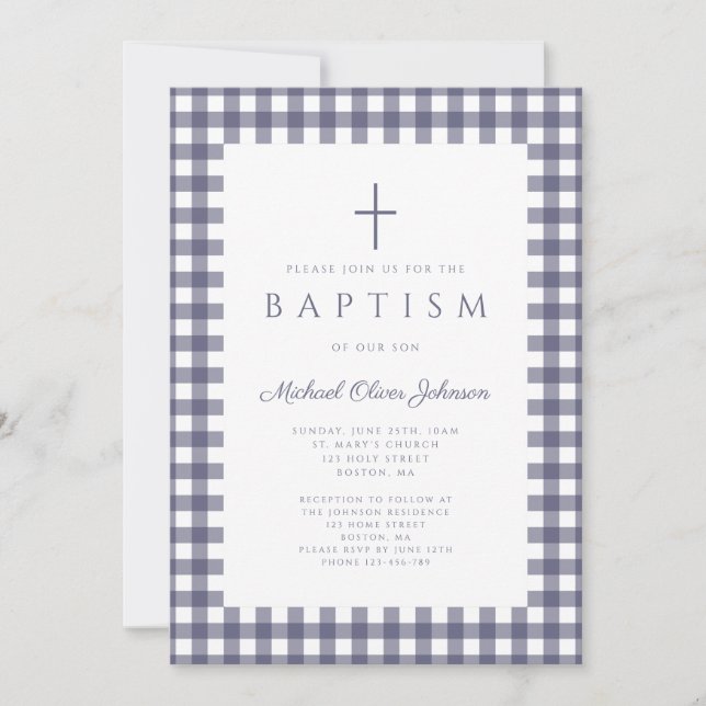 Elegant Navy Blue Gingham Boy Baptism Invitation (Front)