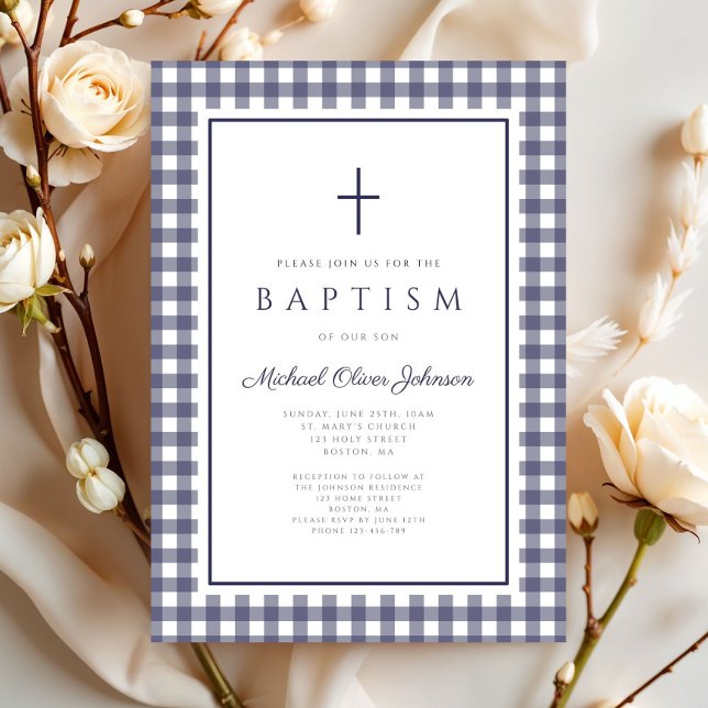 Elegant Navy Blue Gingham Boy Baptism Invitation (Elegant Navy Blue Gingham Boy Baptism Invitation)